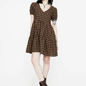 Disturbia Terra Cotton Check Smock Mini Dress - Brown